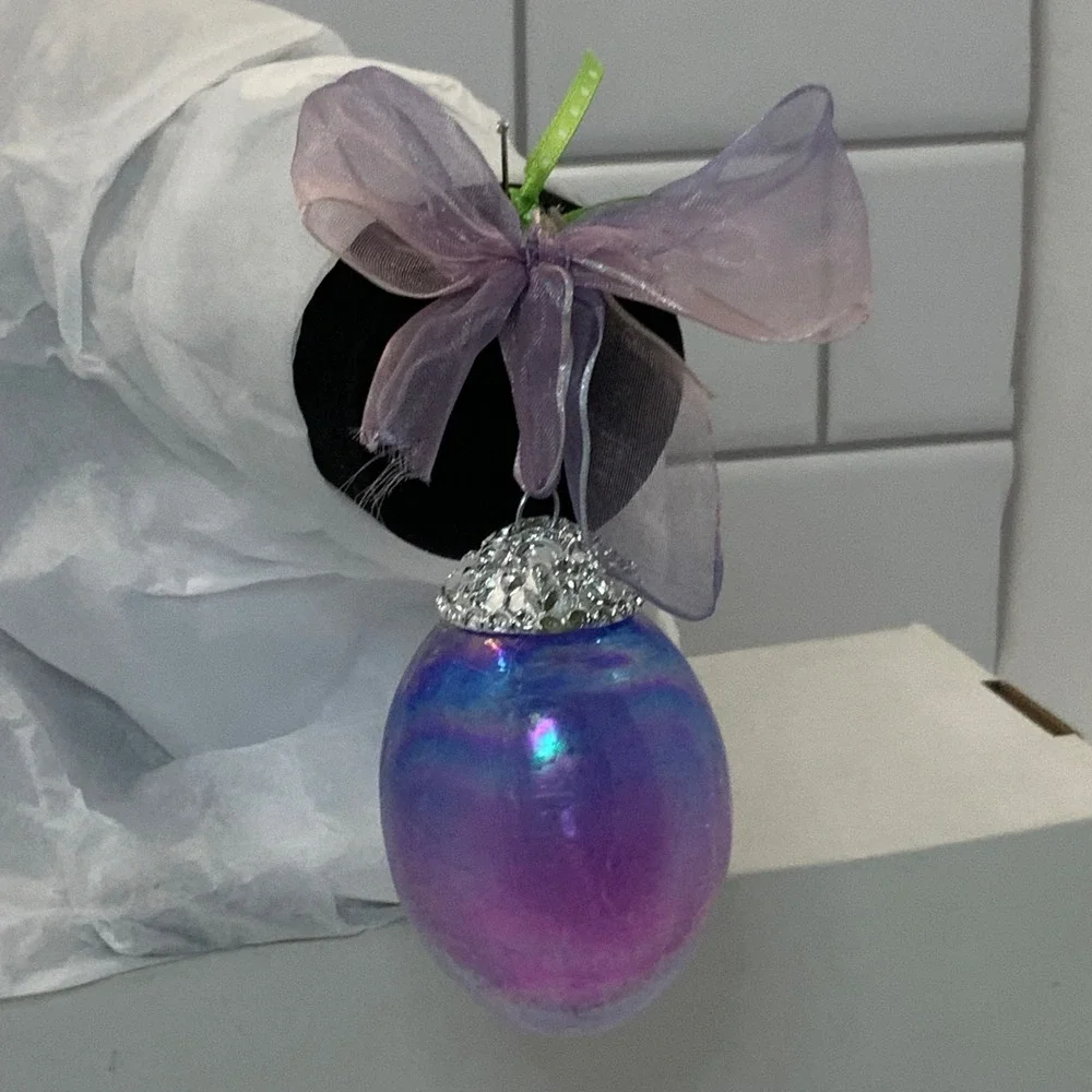 Iridescent Purple‎ Glass Egg Ornament Decorative Cap Organza Bow Easter Holiday